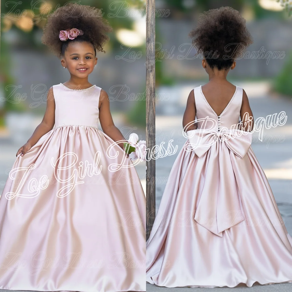 

Розовые атласные платья для девочек на свадьбу с бантом, длинные платья до пола для девочек на день рождения, платья без рукавов для первого причастия, на заказ