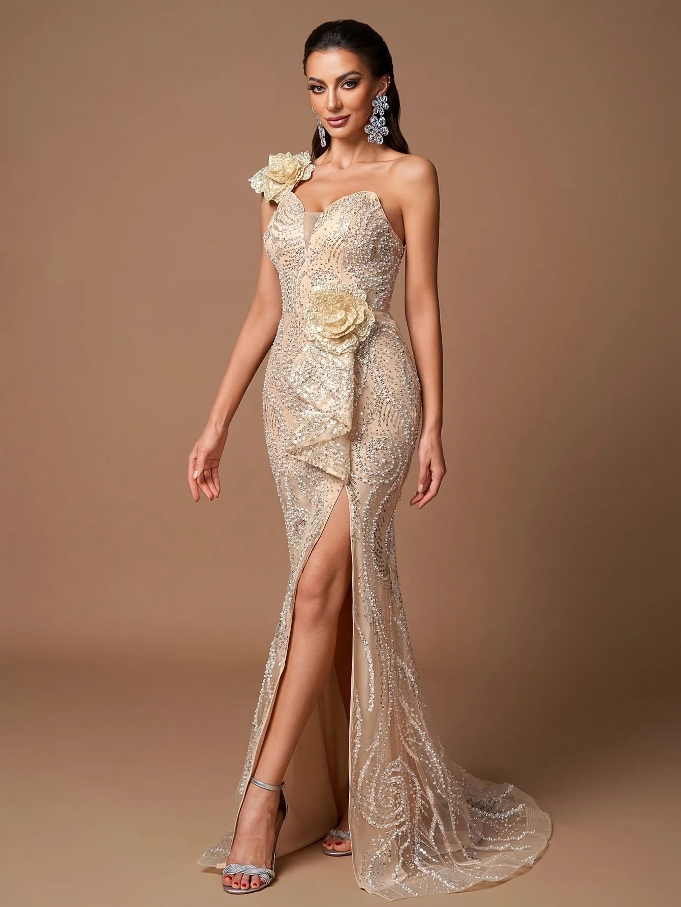 

Customize The Latest Elegant Ladies' One Shoulder Evening Gown In 2025 With 3d Floral Details And Sequined Fishtail Skirt