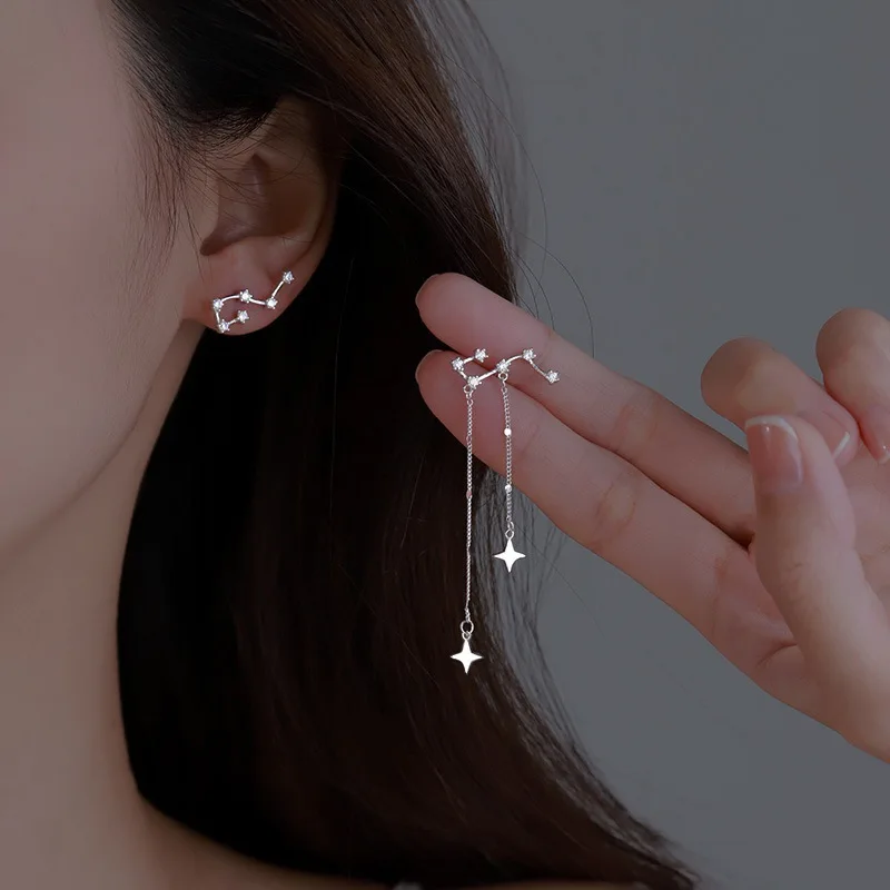 925 Sterling Silver Beidou Seven Star Tassel Earrings Asymmetric New Earrings Shiny Zircon Long Earrings Fashion Jewelry Gift