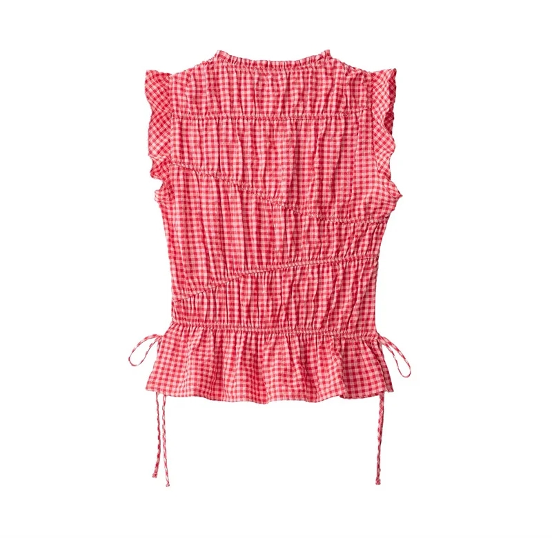 KEYANKETIAN 2026 Resort Chic Gingham Checkered Blouse Female Round Neck Sleeveless Ruffle Drawstring Waist Summer Top Vest