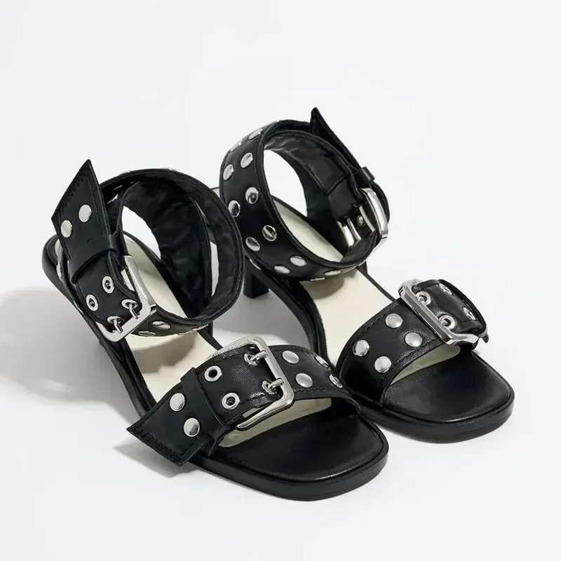 

2024 Women's Summer New Sexy Rivet Sandals,European And American Square Head Fish Mouth One Line Buckle High Heels