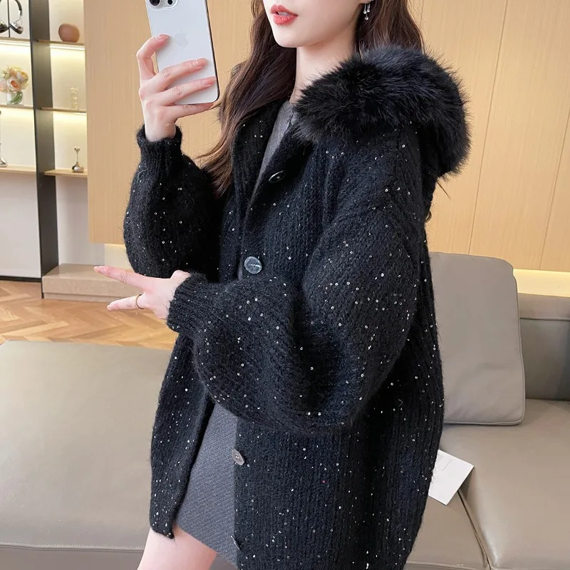 

2025 свободный вязаный кардиган, женский свитер с капюшоном, пальто, осень-зима, повседневные топы с меховым воротником, однобортные уличные куртки