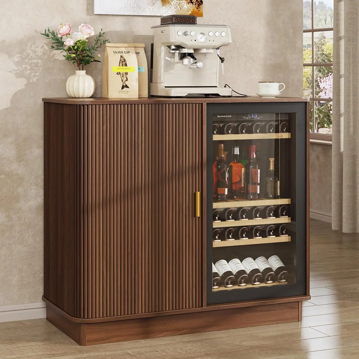 Coffee Bar Cabinet with Fridge Space, 42.5” Mini Fridge Cabinet | Fits Most Mini Fridges, Power Outlet & Wine Glass Racks, Modern Fluted Sliding Door, Coffee Bar & Wine Storage, Walnut