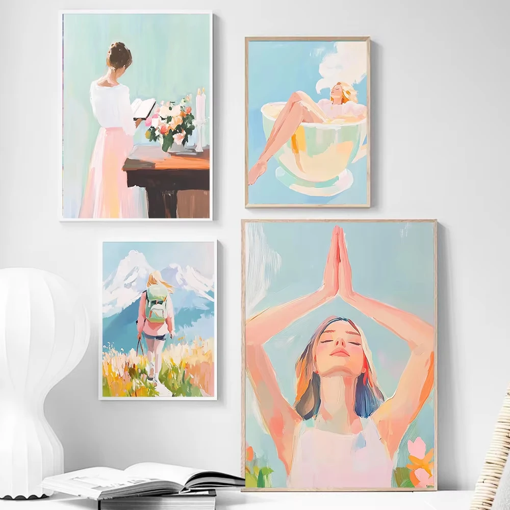 French-Style Soft and Relaxed Girl's Vacation Poster  Pink Floral Botanical Travel, Hiking, Prayer Canvas Art Home Room Decor