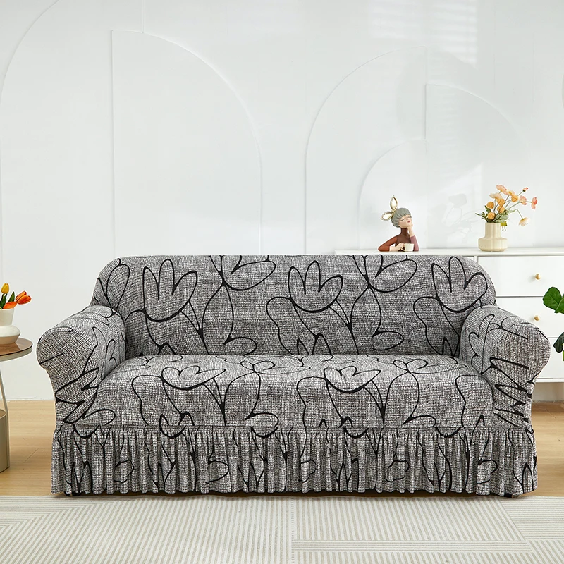 

1pc Printed Skirt Sofa Cover, elastic, anti-slip. Simple, modern, all-season, dust & cat-proof. Retractable, washable, durable.