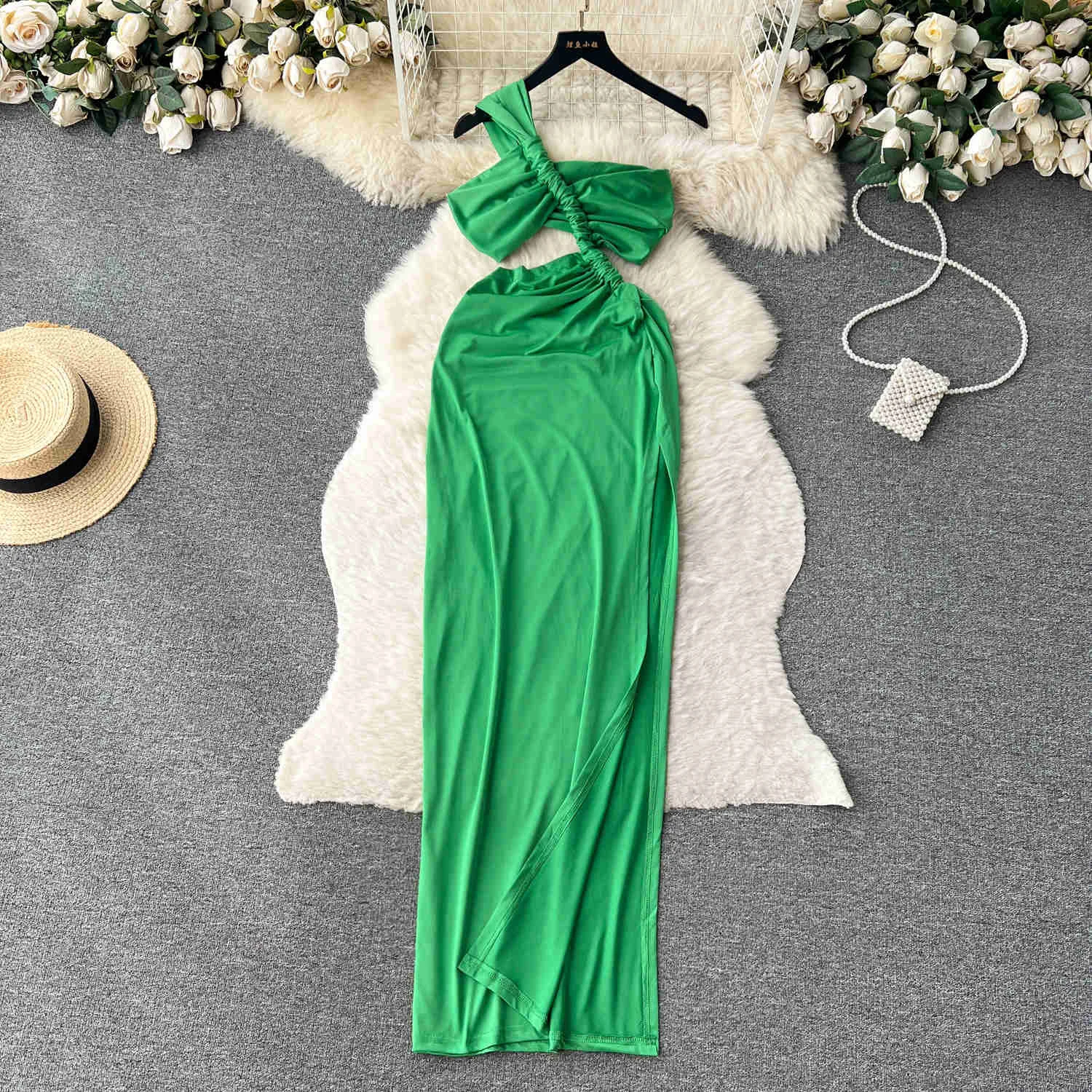 Sexy Hollow Out One Shoulder Strap Women\'s Dress Solid Summer Fashion Sleeveless Slim Fit High Split Evening Party Long Vestidos