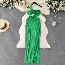 Sexy Hollow Out One Shoulder Strap Women's Dress Solid Summer Fashion Sleeveless Slim Fit High Split Evening Party Long Vestidos