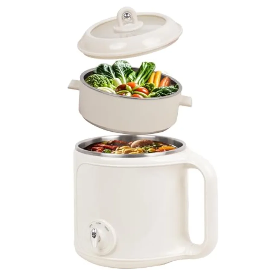 

Electric Hot Pot with Steamer: 2.0L Ramen Cooker Multifunctional Stainless Steel Electric Pot Portable Dual Power Adjustment fo