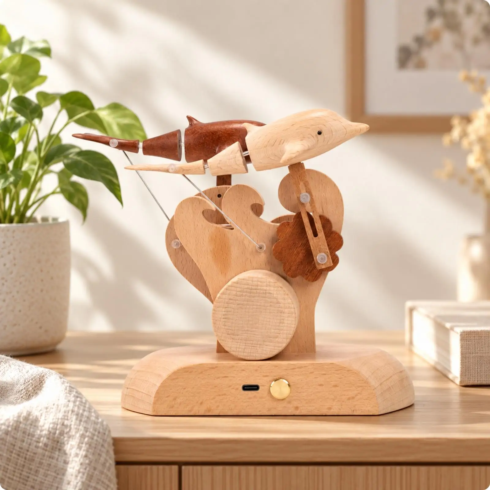 Dolphin Wooden Sculpture with Rounded Base for Office Desk Shelf Home Reading Nook Decorative Figurine Gift
