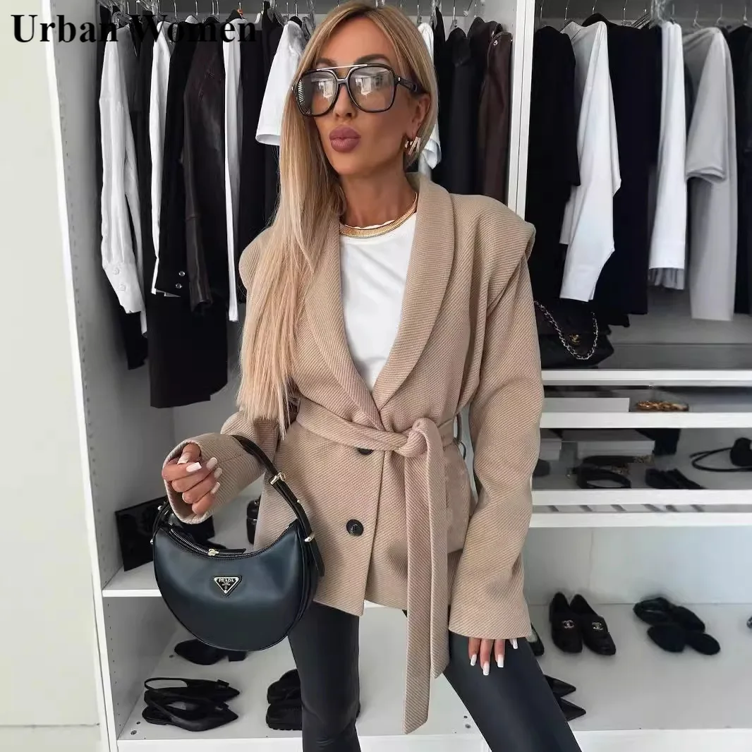 

Осенне-зимнее модное шерстяное пальто, женское повседневное Однотонное шерстяное пальто OL с лацканами и длинными рукавами на шнуровке для женщин