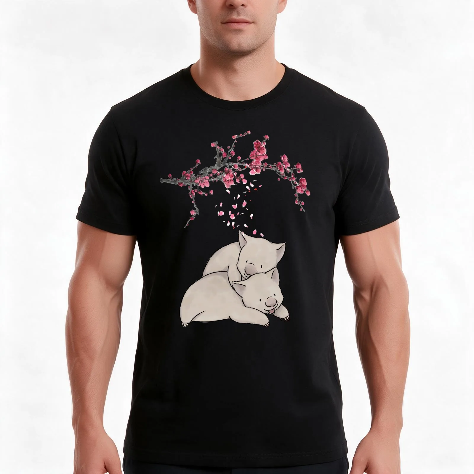Cute Wombat Cherry Blossom Art T-Shirt, Summer Casual Cotton Tee, Oversized Streetwear Tops, Vintage Graphic Print, 100% Cotton