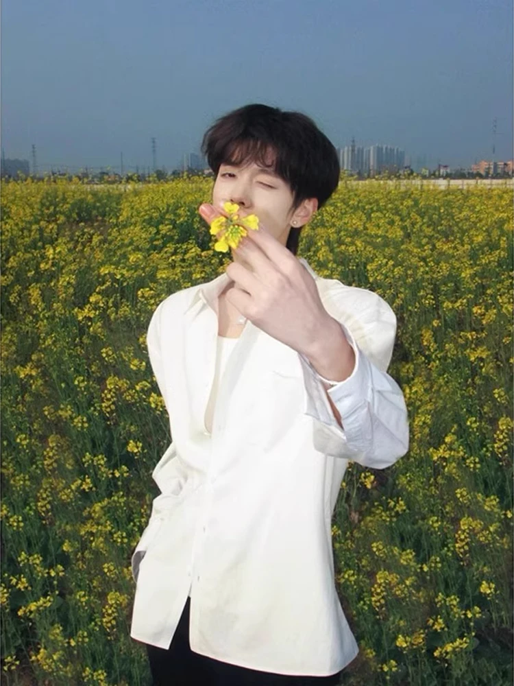 

Casual White Long Sve irt for Men Thin Sle Boyfriend Wind Dk Faionable And Haome Spring Breathable Polyester Nylo...