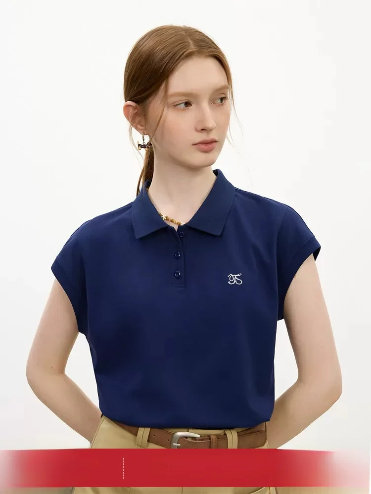 

Vanshlan Anti-Aging Shoulder T-Shirt Women's Summer Sport Style Collar Overhead Cotton Straight Tube Thin Short Sleeve