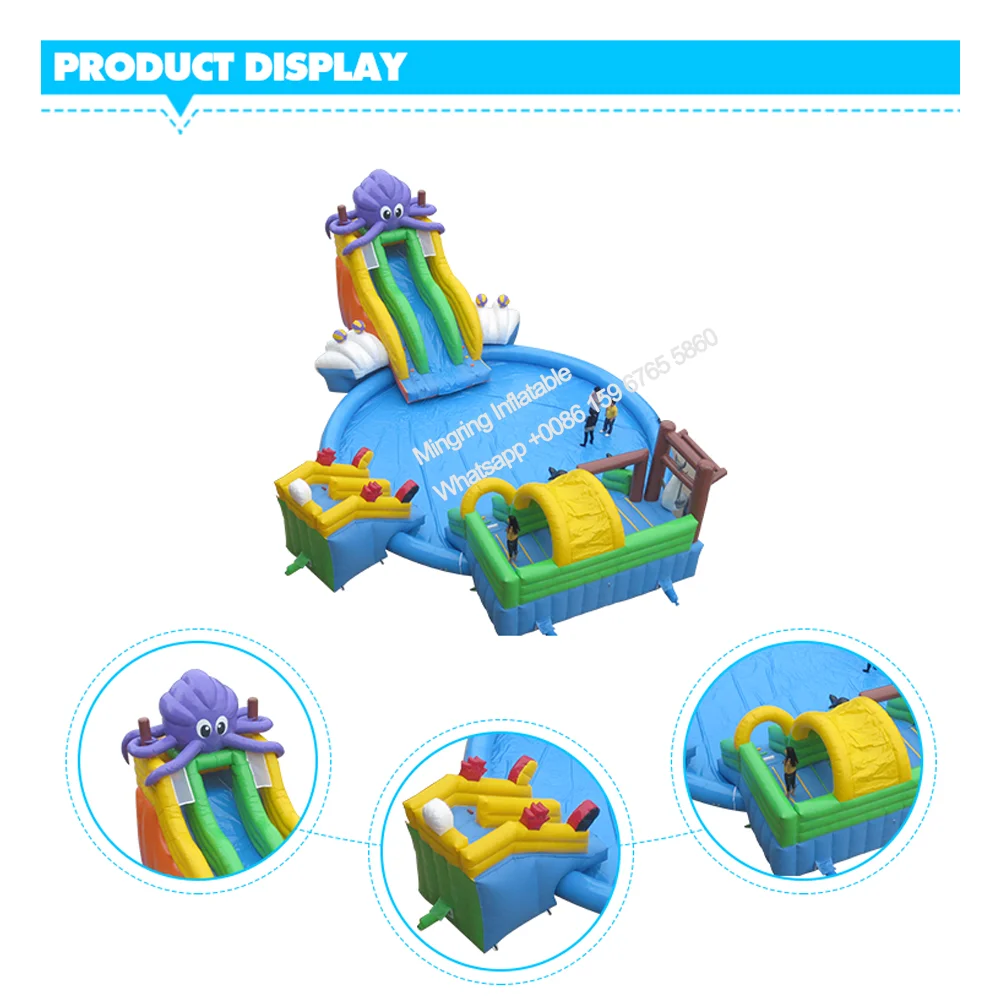 Commercial Mobile Giant Inflatable Ground, Purple Octopus Water Park, Onland Water Slide with Swimming Pool