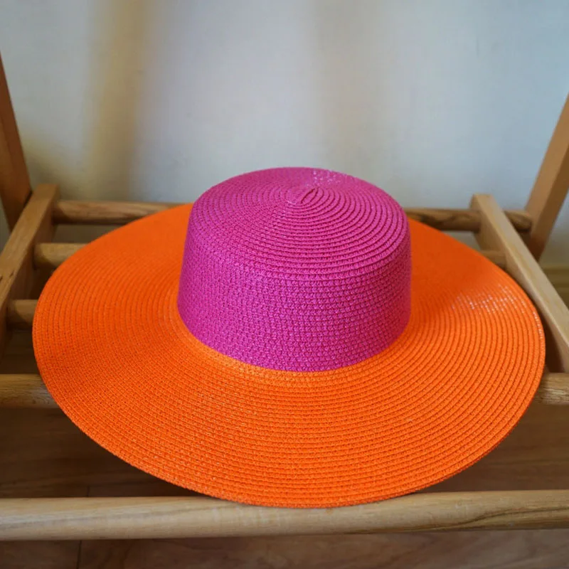 Wide Brim Hot Pink Orange Patchwork Straw Hats Flat Top Boater Hat Ladies Church Wedding Party Hat Derby Vocation Beach Hat