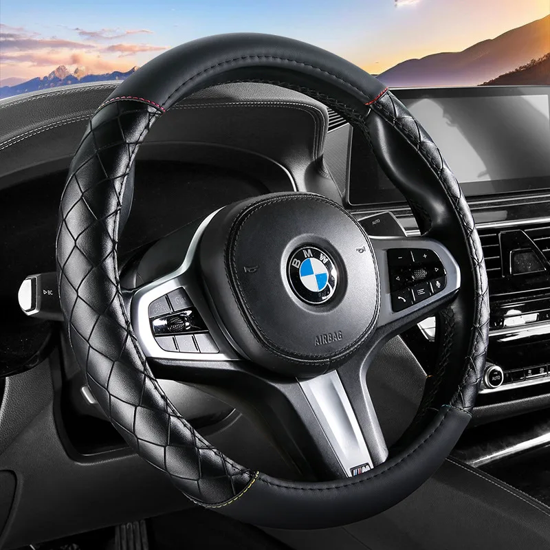 New Diamond‑Pattern Leather Car Steering Wheel Cover Universal Non‑Slip Auto Steering‑Wheel Protector Four‑Season Breathable