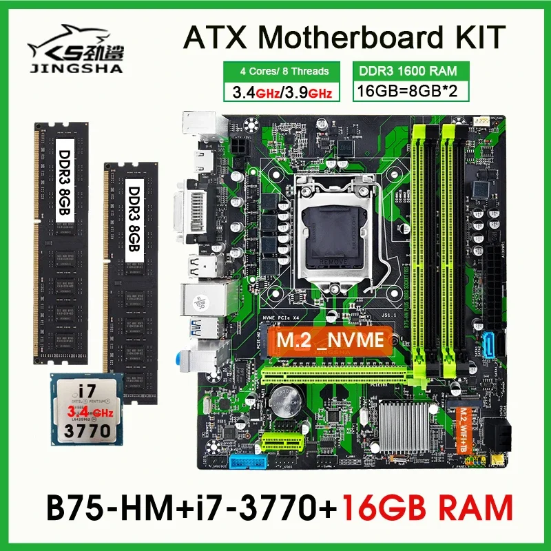 

B75 Motherboard LGA 1155 Kit with Core i7 3770 processor and 2*8G=16GB DDR3 PC Memory B75 placa mae Set combo USB 3.0 SATA 3.0