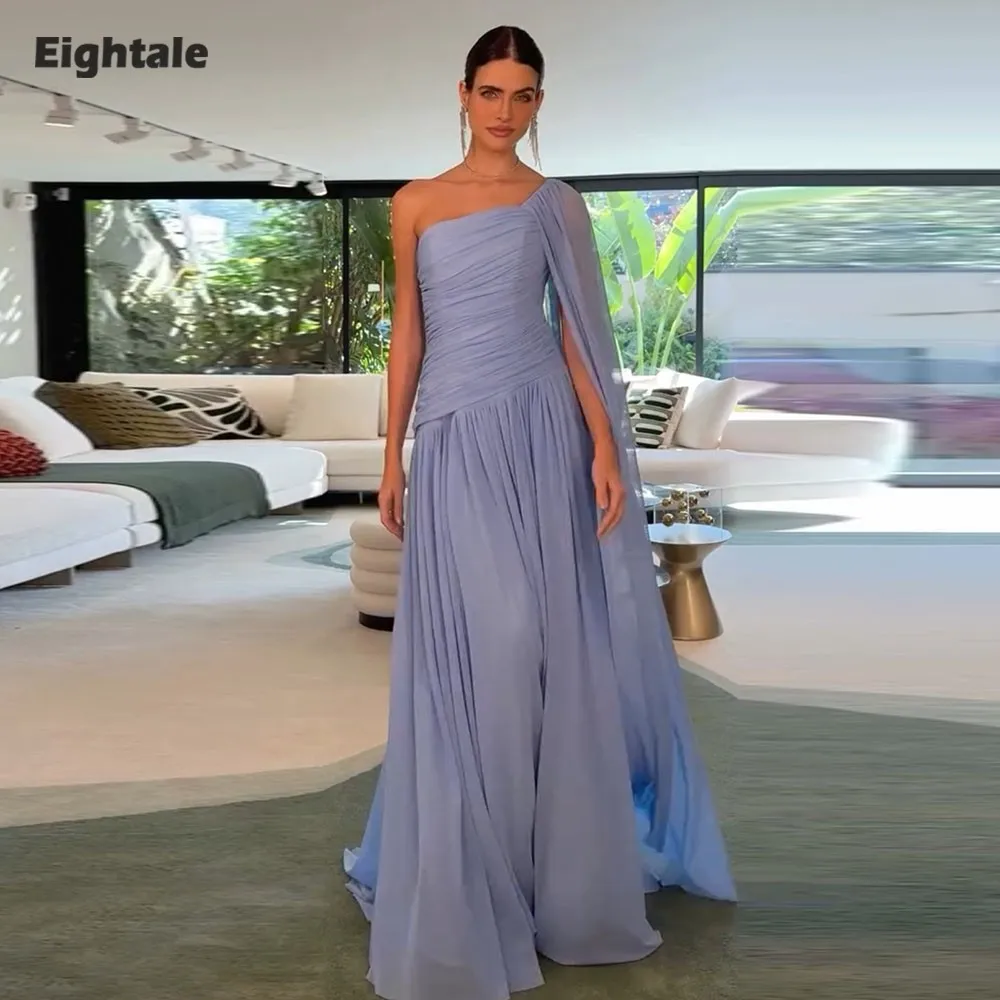 

Eightale Arabic Evening Dress One Shoulder Pleats Chiffon A-Line Cap Sleeve Blue Muslim Sexy Prom Wedding Party Gown