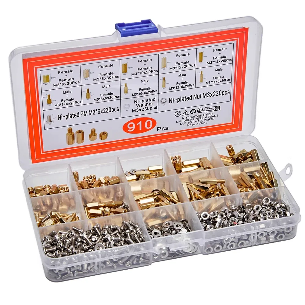 910 шт. M3 * 6 8 10 12 14 медные винты с шестигранной головкой и головкой в штучной упаковке, комбинированная коробка для образцов