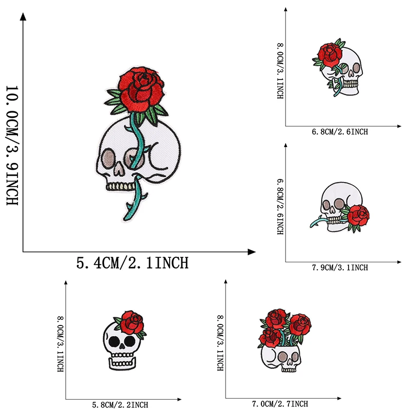 5 Stück Totenkopf-Rosen-Aufnäher zum Aufbügeln für Kleidung, bestickte Stoffaufkleber, Mochila-Jacken, DIY-Stickerei, Thermo-Lot – Detail 2