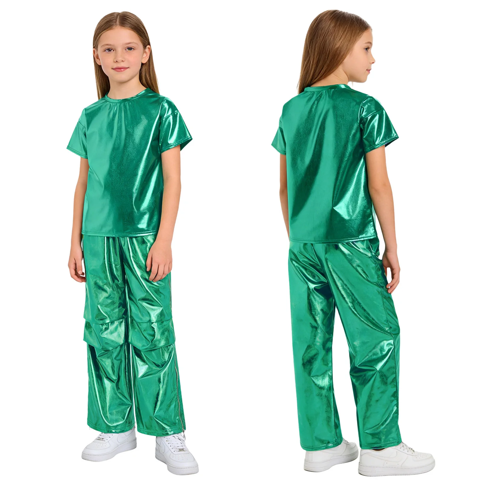 

Детский блестящий металлический танцевальный костюм для хип-хопа, джаза и уличных танцев: футболка и брюки карго с отстегивающейся молнией