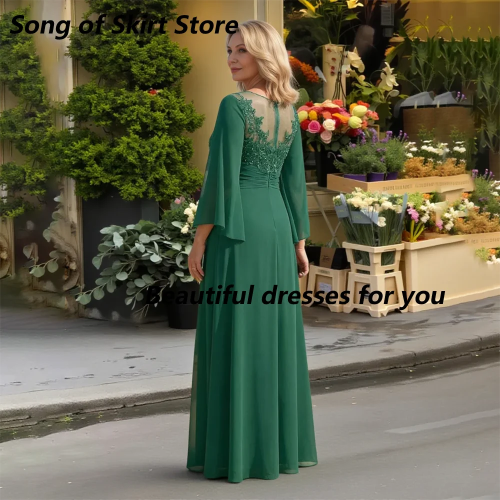 Green Chiffon Mother of The Bride Dresses Illusion Neck Lace Applique Beaded Long Flare Sleeve Wedding Guest Dress Customized