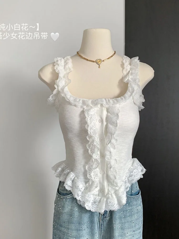 Sweet Casual Tank Tops Sleeveless Women White Lace Camisole Tide Sexy Mori Girl Off Shoulder Vest Simple Spring Summer Coquette