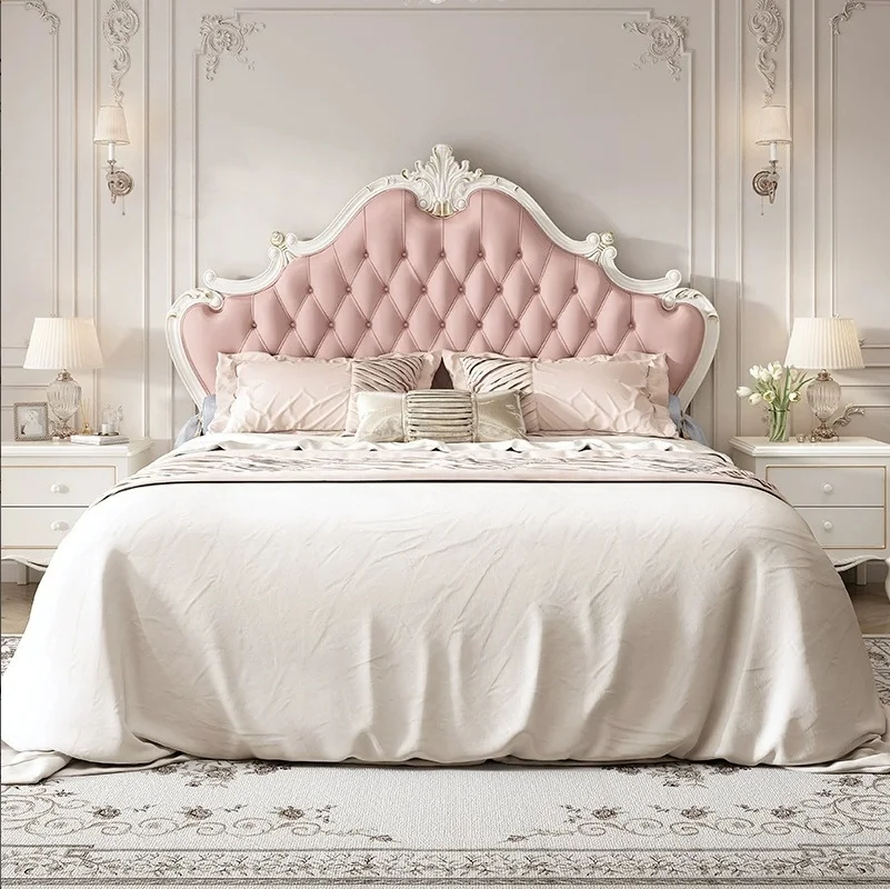 

#$European Luxury Leather King Size Princess Wedding Bed,Classic Carved Solid Wood Frame Bedroom Furniture Set