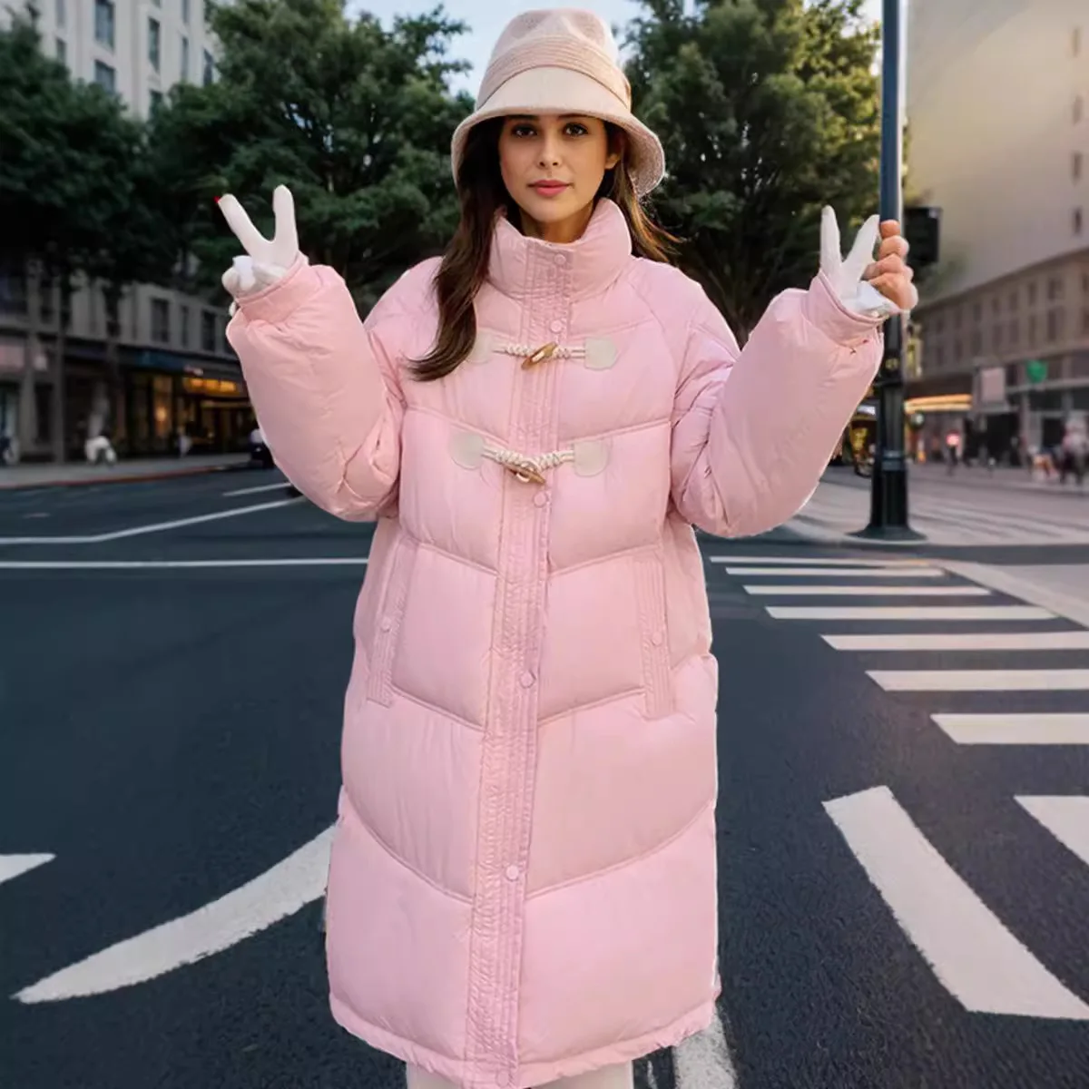 2025 inverno jaqueta longa feminina com capuz casual engrossar quente parkas casacos chifre botão gola alta jaqueta de algodão para senhora