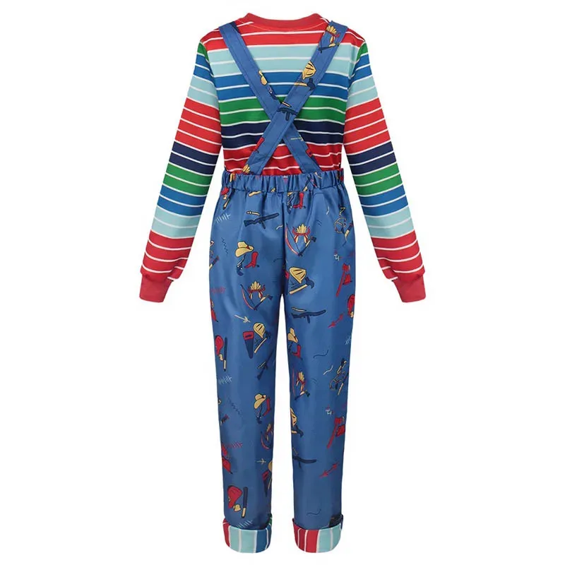 Adult Chucky Cosplay Costume with Striped Shirt and Jumpsuit for Chucky Overalls Halloween Costumes
