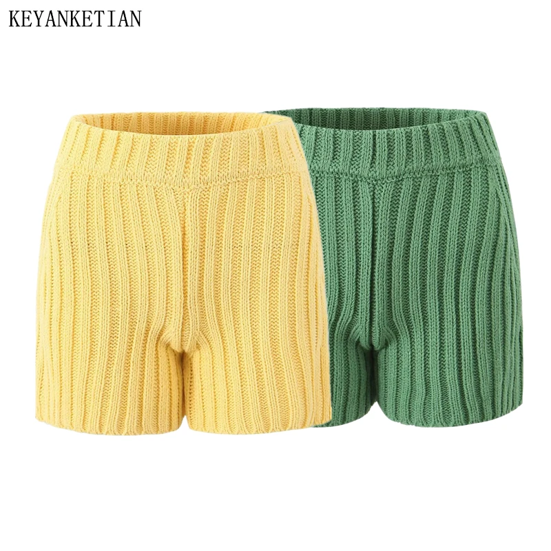 

KEYANKETIAN 2024 New Women's Candy Color Knit Shorts Autumn Leisure style Elastic Waist Slim Simply Basic Straight Pants Thin