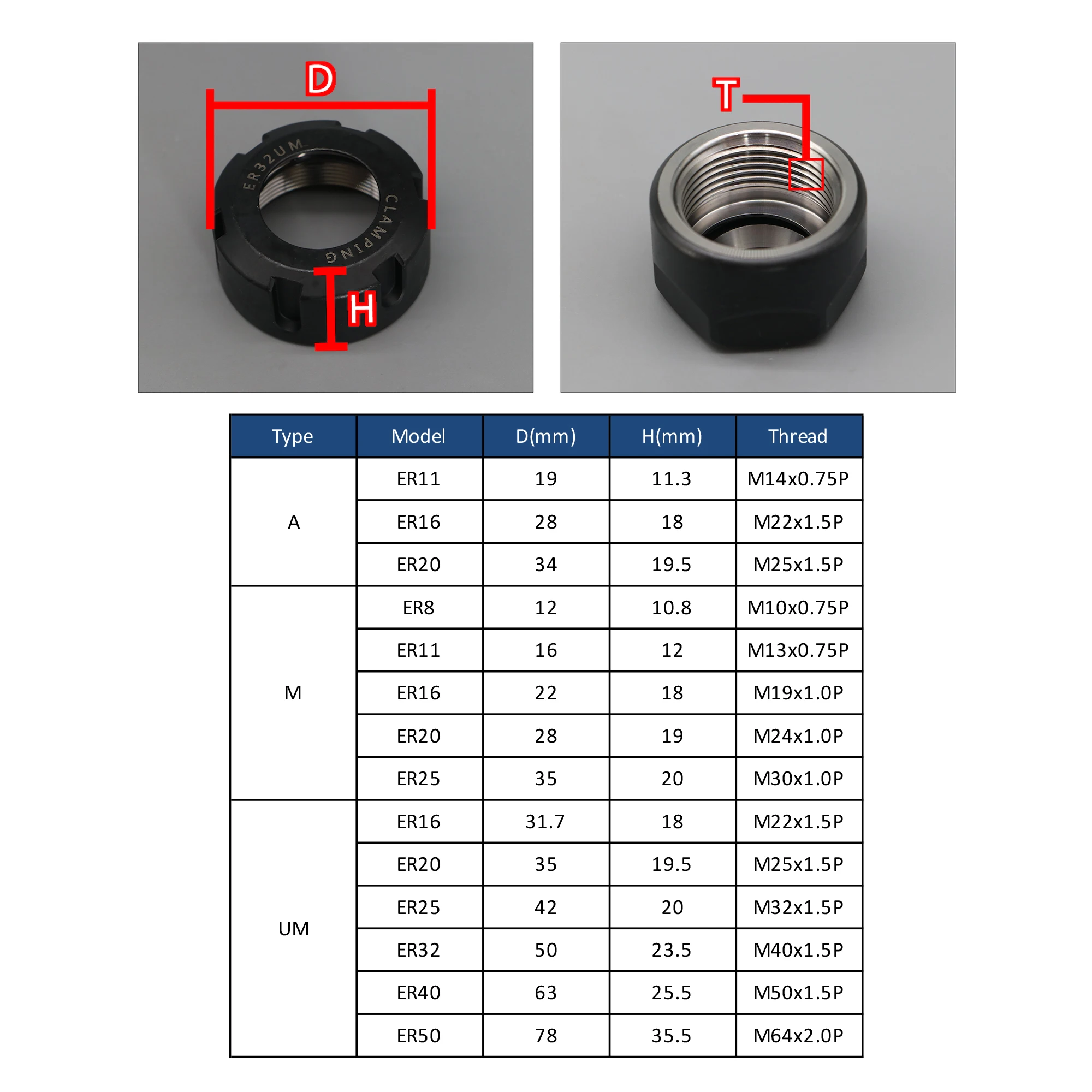 ER Collet Nut ER8 ER11 ER16 ER20 ER25 ER32 ER40 ER50 A M UM ER Nut CNC Milling Engraving Machine