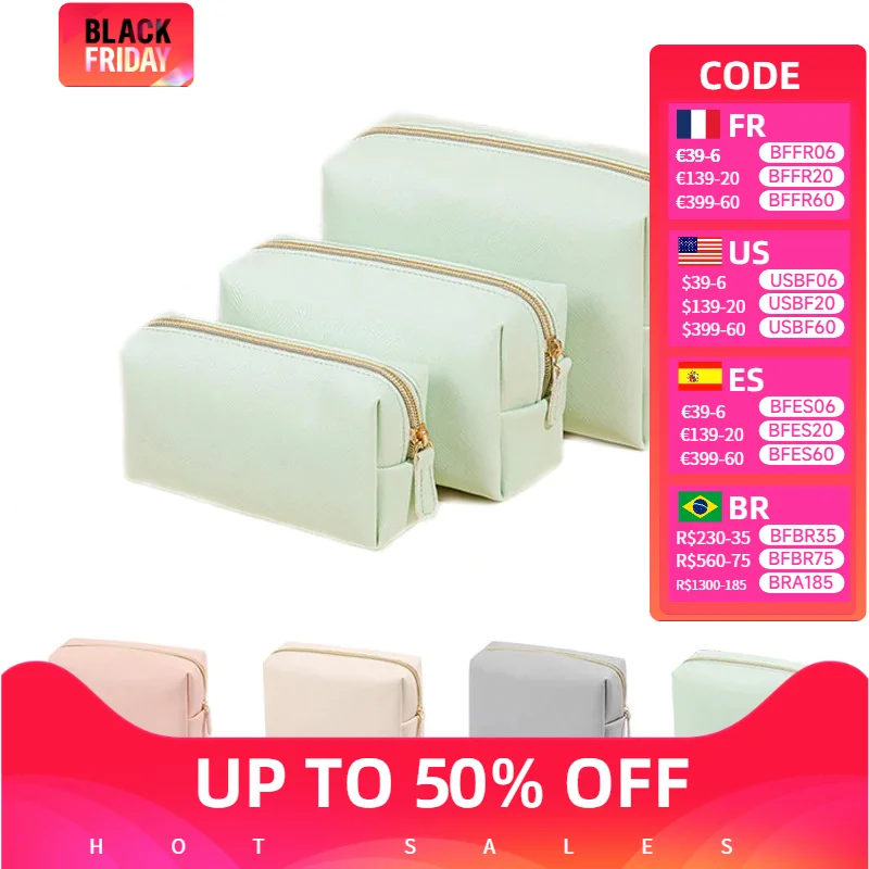 Women Cosmetic Bag Waterproof PU Leather Solid Color Makeup Pouch Travel Portable Wash Toiletry Storage Bag Organizer Purse 2023