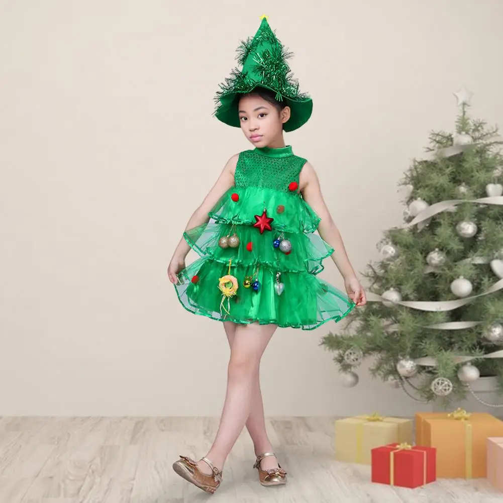 Kids Special Occasion Dress Christmas-themed Children's A-line Dress with Stand Collar Scattered Cake Hem Sleeveless for Stage