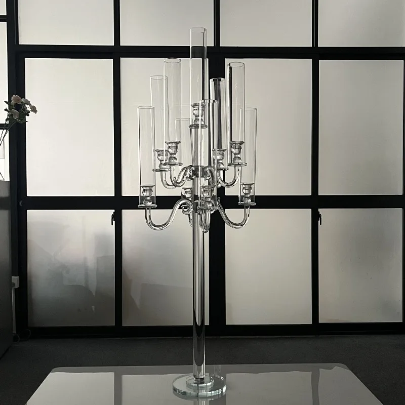 9 /5 Head Tall Candle Holder Glass Crystal Candelabra Wedding Decoration Table Centerpiece Candle Holder Stand