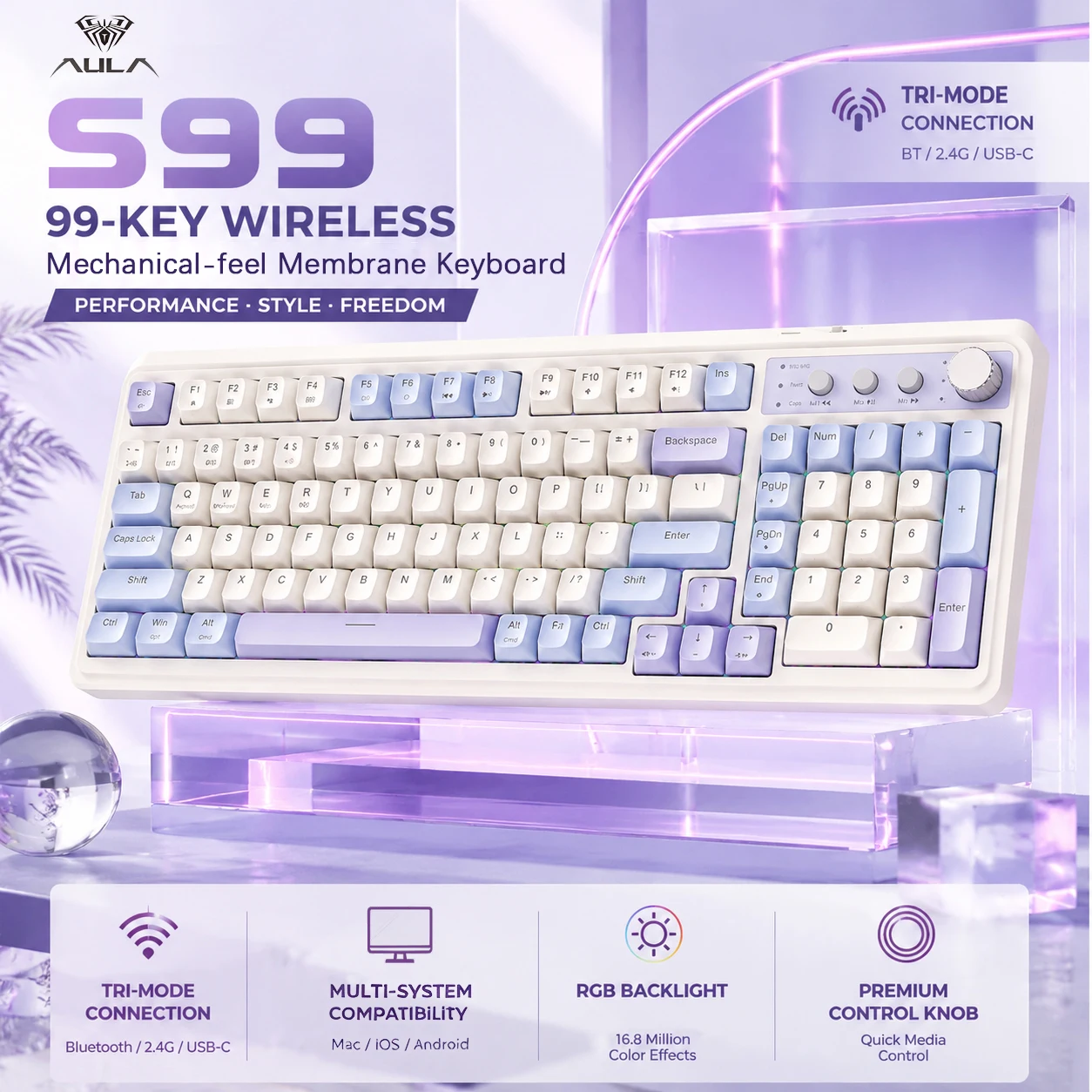 AULA S99 Tri-Mode Silent Membrane Keyboard RGB 99 Keys Bluetooth 2.4G Wired Ergonomic Gaming Keyboard For Mac Windows Laptop PC
