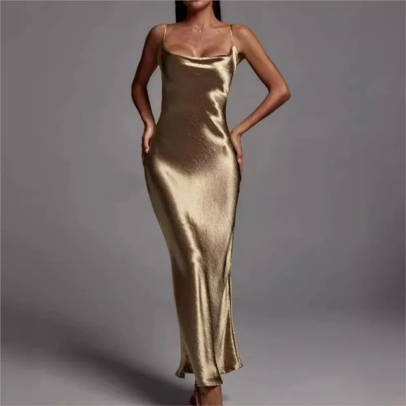 Sexy cetim sem costas rendas até sem mangas suspender vestido sólido feminino na primavera verão 2025 elegante moda festa vestido de noite