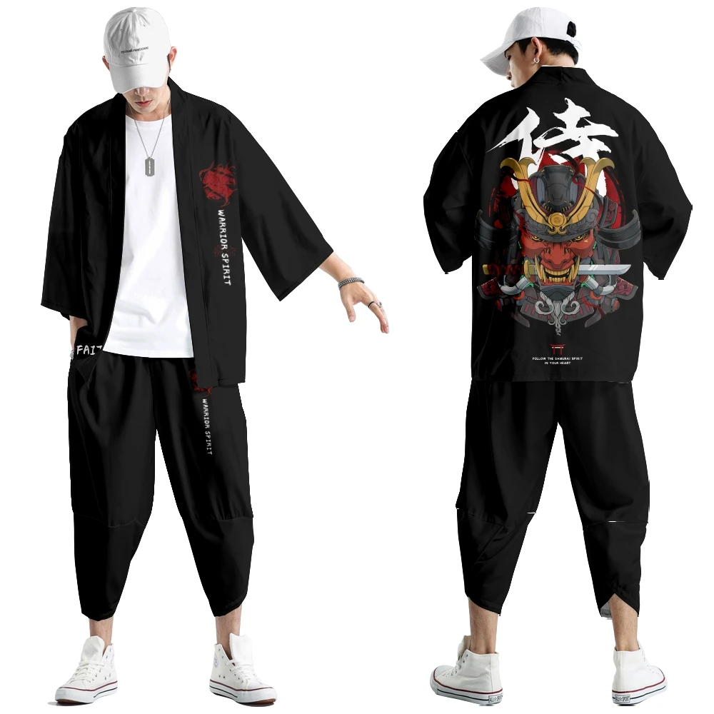 Large Size 6XL Japanese Kimono Cardigan Pants Set Print Sword Demon Men Women Shirt Tradition Yukata Haori Obi Cosplay Costume