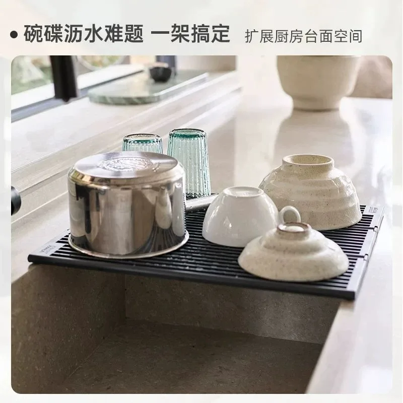 Kitchen Sink Drain Rack, Foldable Multifunctional Dish Shelf Adjustable Inlet