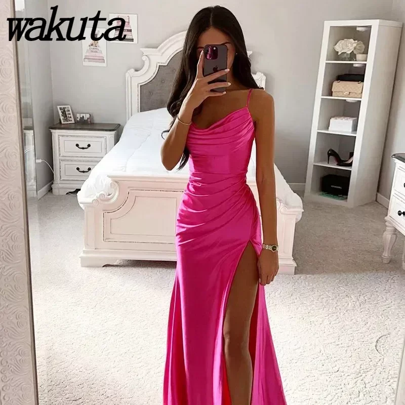 Wakuta Fashion Women's European and American Strapless Pleated and Split Satin Formal Evening Gowns Graduation Ceremony Vestidos