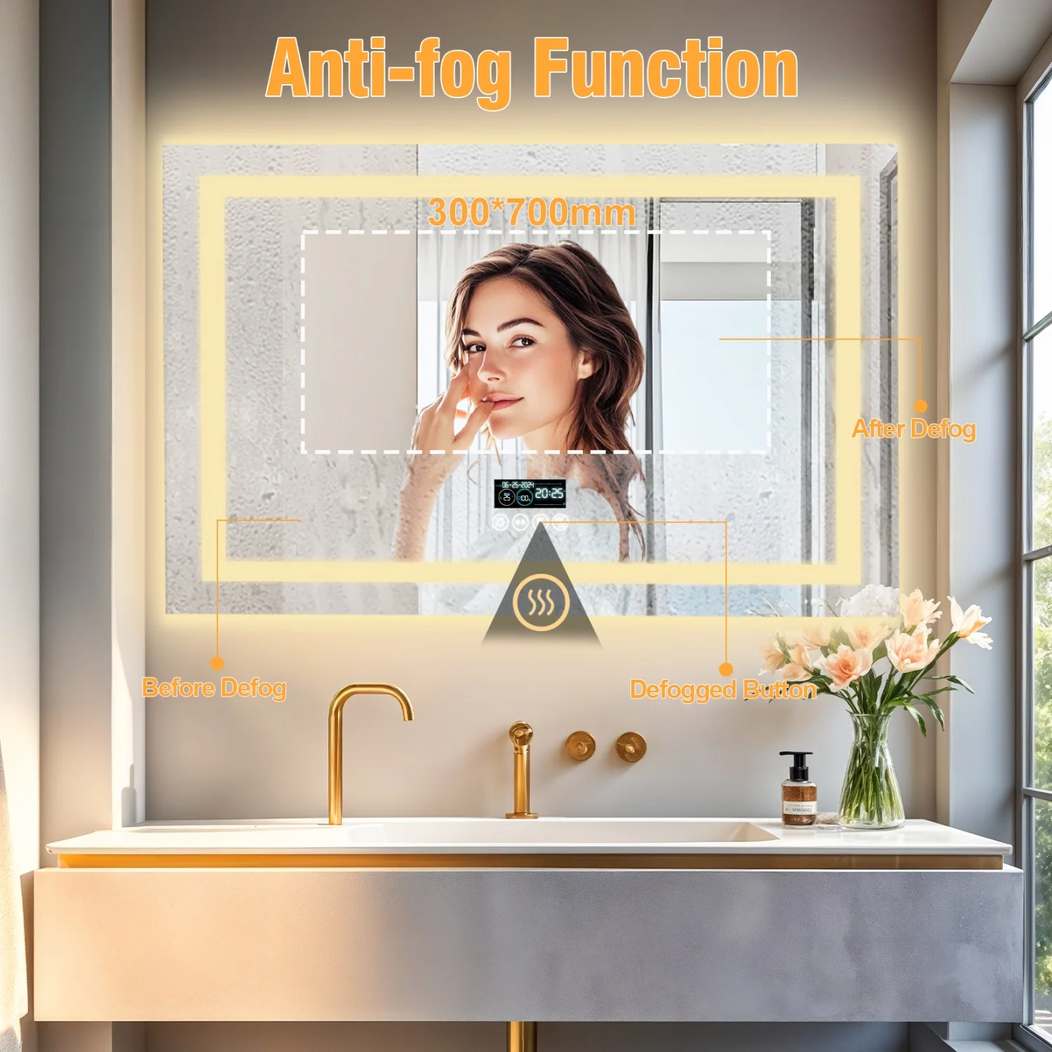 80/100/120/140cm LED Bathroom Mirror with Bluetooth Speaker Antifog Dimmable 3 Lights Time Setting Backlitligth Vanity Wall Mirr