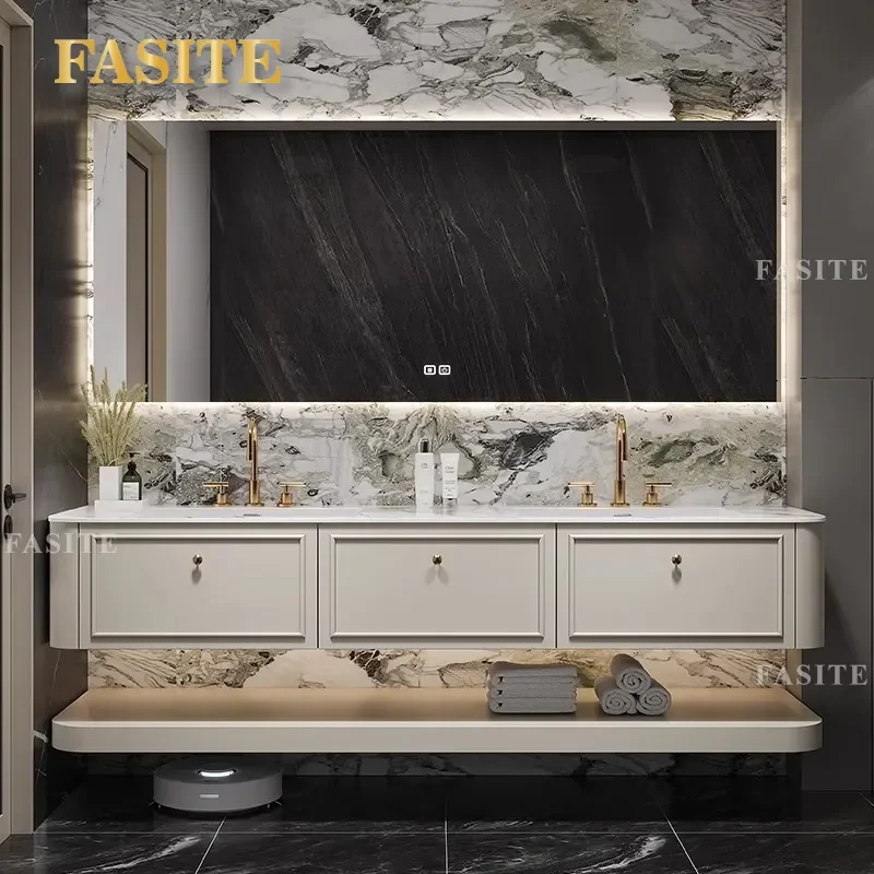 For Nordic Cream Style Rock Slab Ceramic Integrated Basin Solid Wood Bathroom Vanity Cabinet Combo with Toilet and Hand