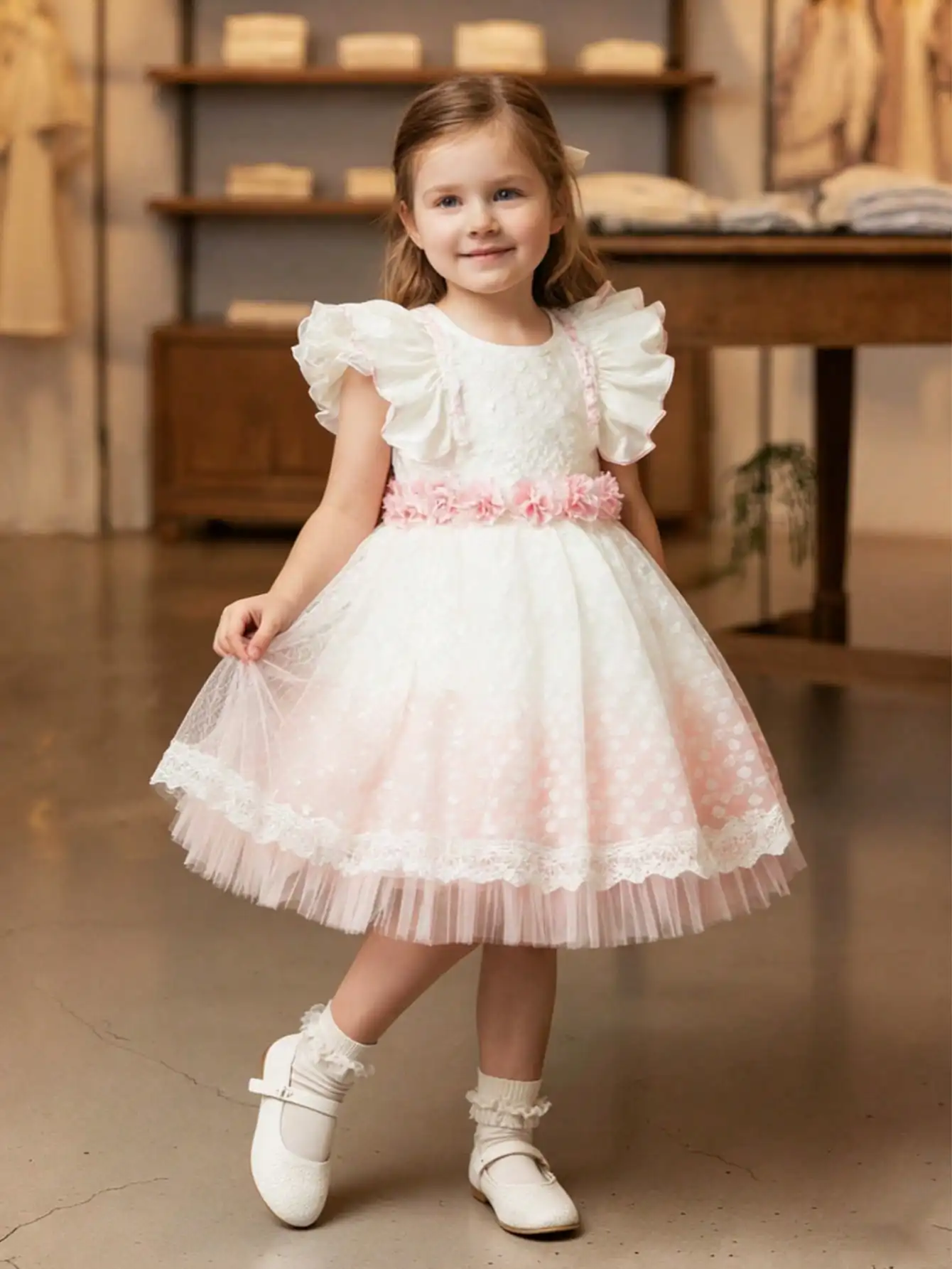 Princess Flower Girl Dresses For Weddings Lace Mesh Dress 3D Flower Baby Girls Birthday prom Party Lace clothing For 3-8Years