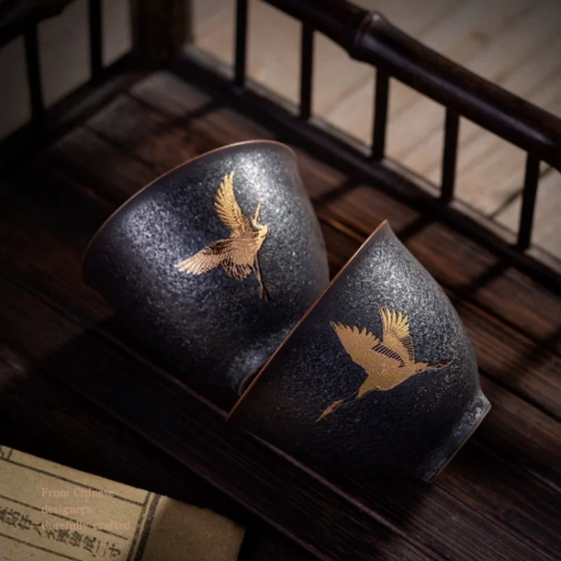 2/PCS 60ML Japanese Crane Tea Cup Handmade Stoneware Kiln Baked Retro Teacup Personal Master Cup Cup Teacups Tea