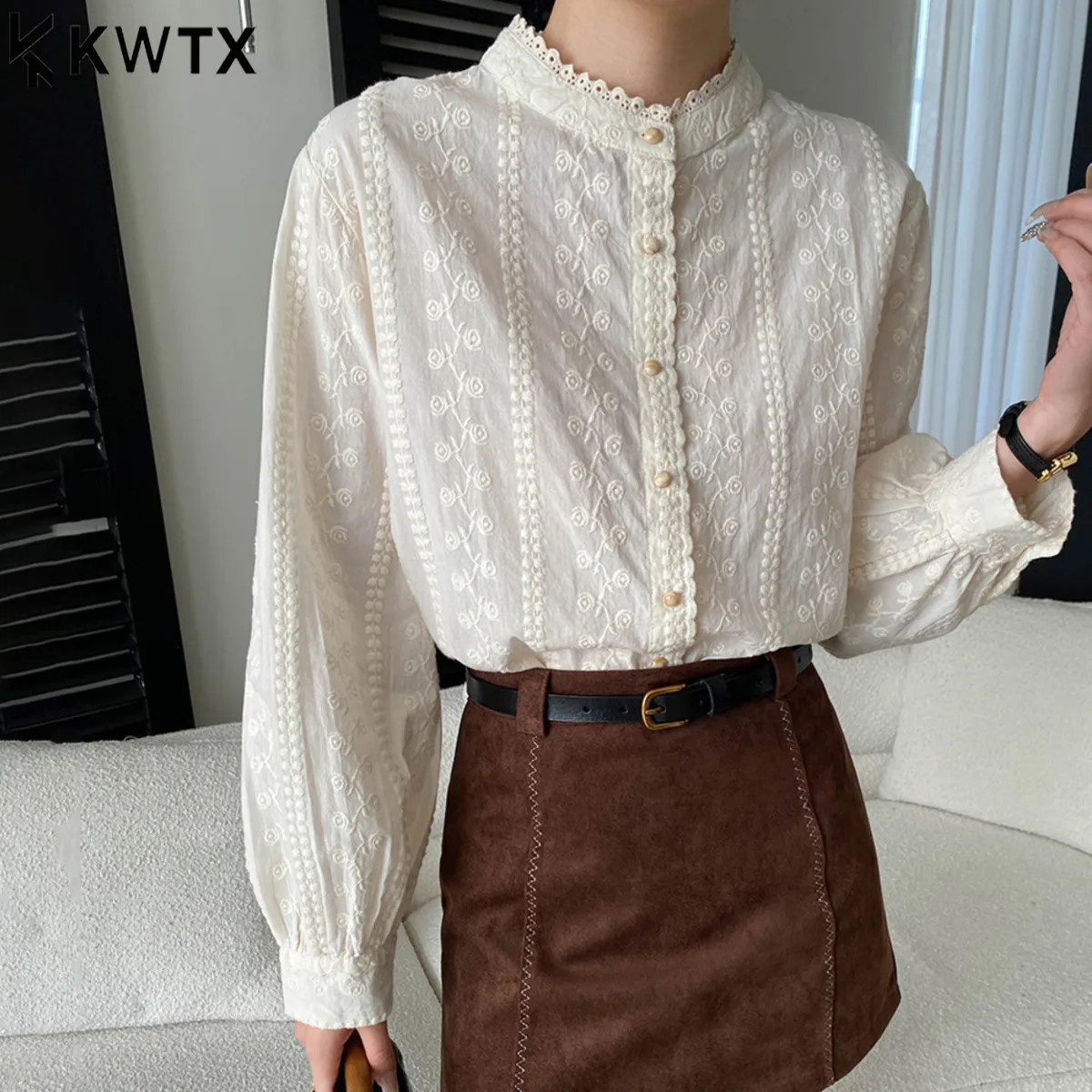 

KWTX 2026 New Arrival Women's White Embroidered Blouse, Elegant Stand Collar Lace Trim Long Sleeve Button Down Shirt, Casual