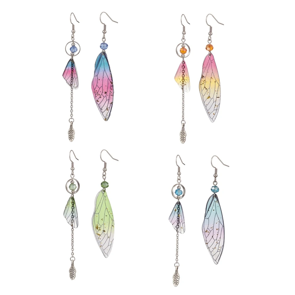 

4Set Colorful Resin Wing with Feather Asymmetrical Earrings Glass Bead Long Tassel Dangle Earrings for Women Jewelry 80~100mm