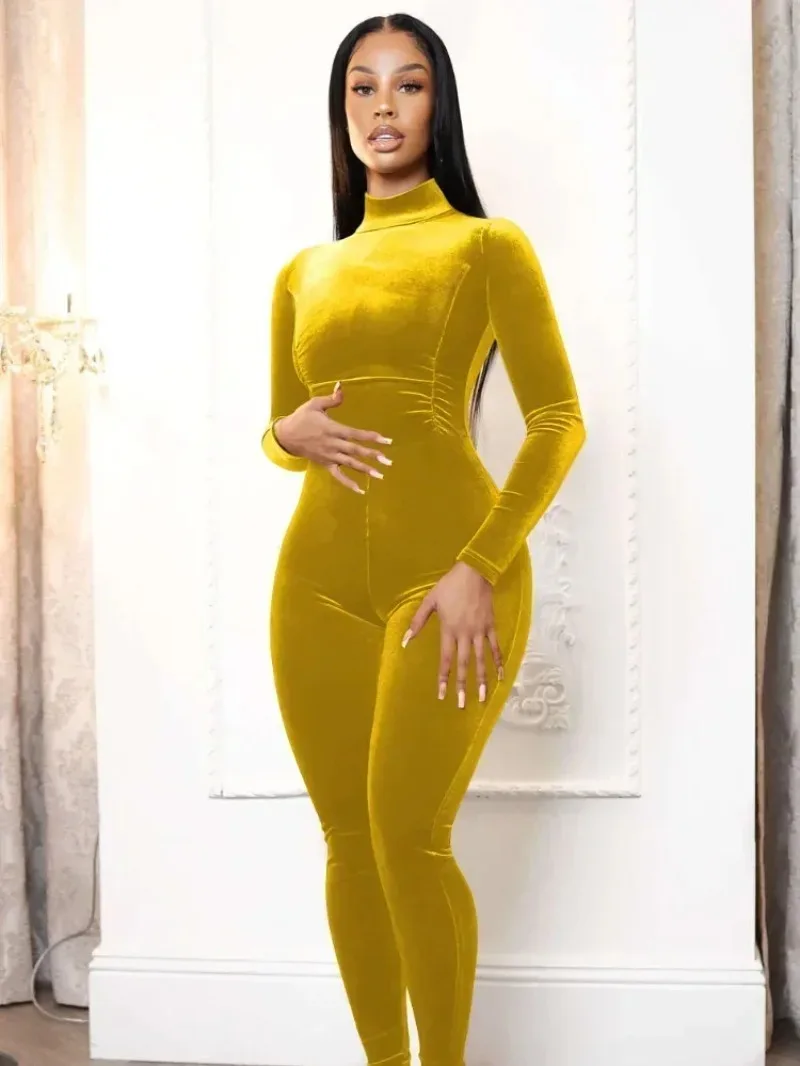 

GUWU Christmas Velvet Women Long Sleeve Turtleneck Long Sleeve High Waist Skinny Stretchy Jumpsuit Zipper Fly Bodycon Playsuits