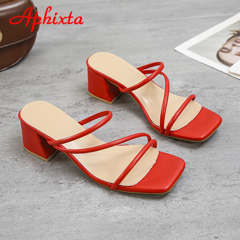 Aphixta 2022 New 4.5cm Red Low Square Heels Slides Women Simple Peep Toe Flip Flops Cool Summer Slippers Sandals Elegant Shoes