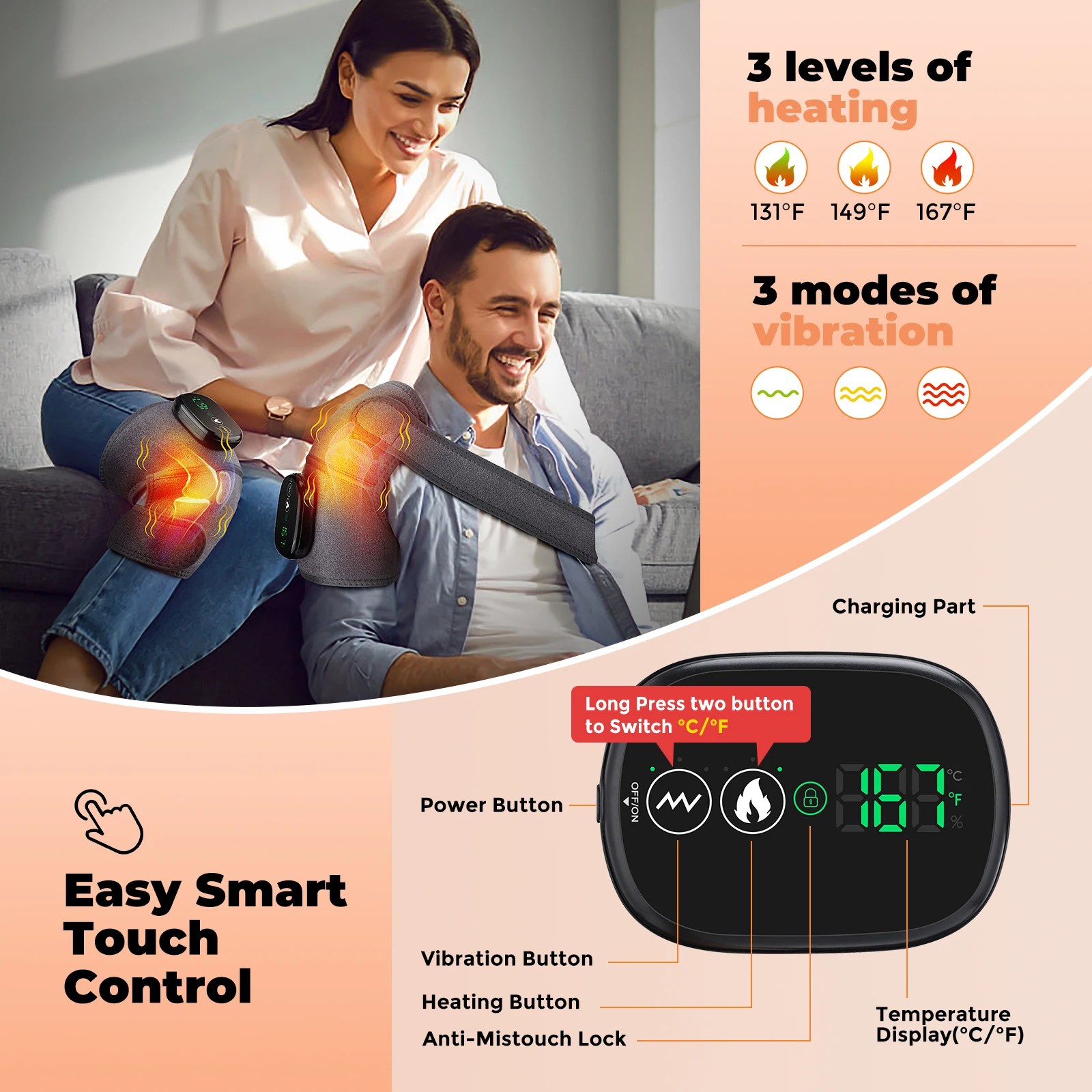 Heated Knee Massager, 3 Modes Vibration Cordless Heating Pad Touch Screen 3 in 1 for Knee Shoulder Elbow Hiking Sports Winter