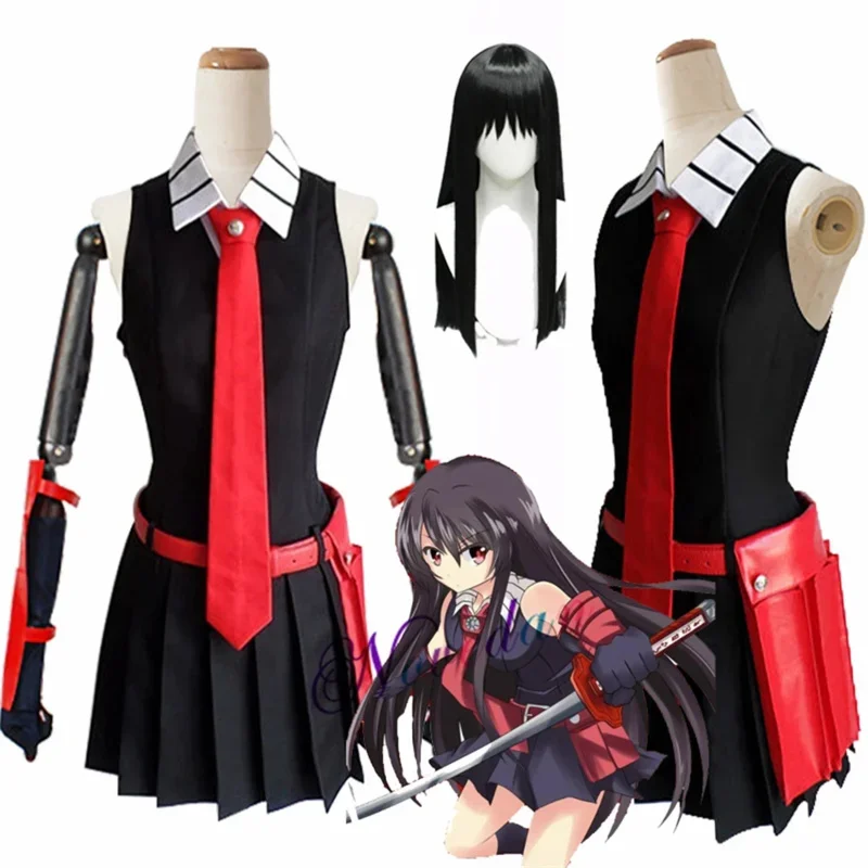 FC6Anime Akame ga KILL Cosplay Akame Cosplay Costume Black Sleeveless Dress Uniform Outfit Wig For Women Carnival Party Sui@FC8！